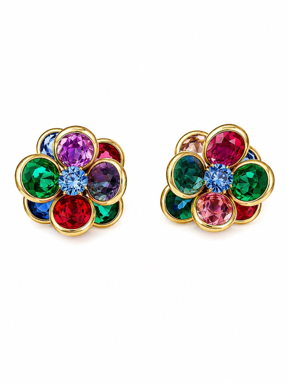 Vintage Swarovski Crystal Flower‎ Clip-On Earrings Gold Tone Multicolor Floral